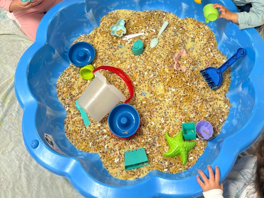 Atelier sensoriel et manipulation aux P'tites Graines : bac de transvasement avec pâtes, graines et petits ustensiles